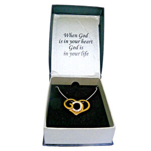 God's Heart Spells GOD pendant gold tone necklace crystals Silver Chain 18in New